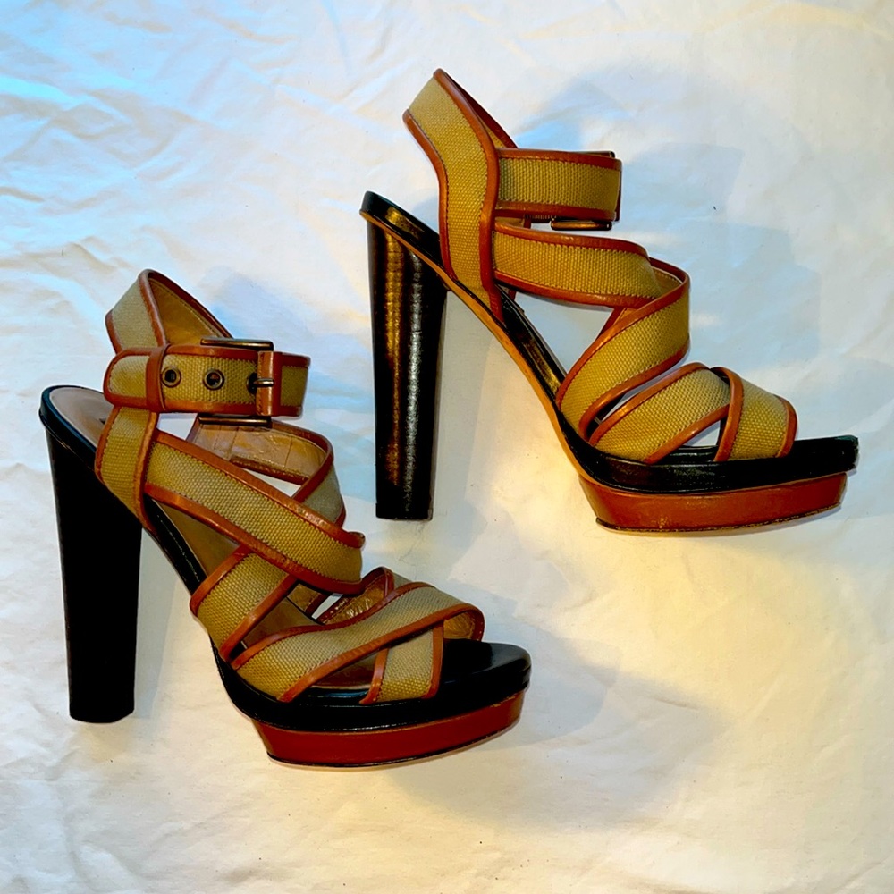 Ann Taylor Leather/Textile Heel Sandals Tan Size 7 1/2